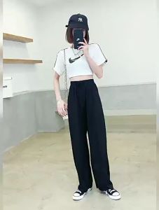 กางเกงขากว้างผ้าไหมน้ำแข็งสำหรับผู้หญิงสไตล์เกาหลีเอวสูงสีทึบหลวมฤดูร้อนบางยาวพื้นสบายๆกางเกงขาตรง