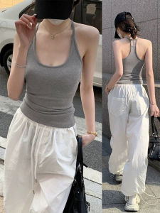 Áo Ba Lỗ Cotton American Hot Bé Gái Màu Xám Cho Nữ Mùa Hè Áo Ba Lỗ Cotton Mặc Trong Và Ngoài Có Đệm Ngực Che Chắn Bên Hông Lưng Ngắn