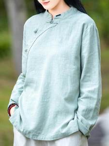 Womens Cotton Linen Stand Collar Shirt Long Sleeve Button up Traditional Chinese Tea Costume Top Spring Autumn New Arrival