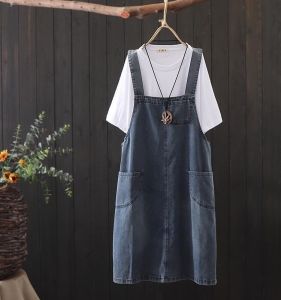 Summer Casual Large Size Denim Halter Dress Artistic Vintage Loose Fit Cotton round Neck Sleeveless Midi Dress with Pockets