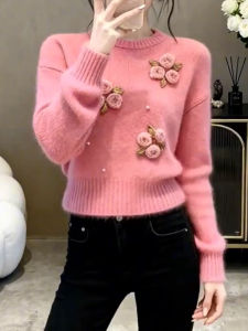 QINGNAER | Pink 3D Floral Design Oversized Sweater Short Length Sweet and Youthful