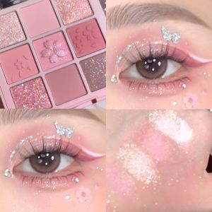 Limited Edition Sakura Pink Nine Color Eyeshadow Palette Matte Shimmer Versatile Pink Eyeshadow Blush Palette Makeup Tools