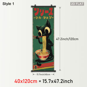 VIKAMA Japanese Retro Cat Food Scroll Tapestry Cute Kittens Ramen Sushi Poster Anime Wall Art for Kitchen Dining Room Decor