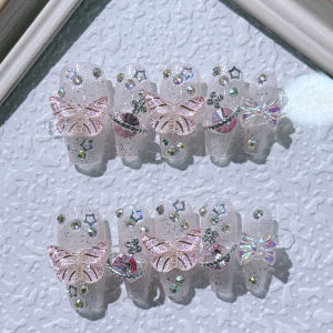 Handmade Wearable Nail Art Long-lasting White-flattering Aurora Purple Crystal Butterfly Planet Design Suitable for Students