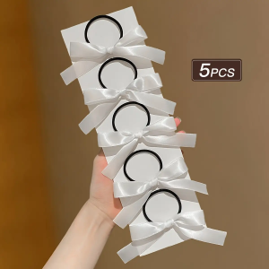 5 pieces of white cute bow-decorated hair ties for girls | Ideal for everyday casual use and as a festive accessory for gifts.