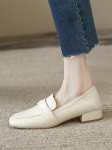 Z Square Head Thick Heel Single Shoes Womens Shoes Summer New England Genuine Leather Loafers Slip-On Small Leather Shoes