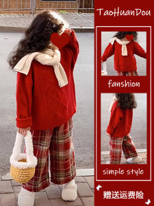 Girls Red New Year Theme Fleece Lined Sweater Set Autumn Winter Plaid Pants Childrens Clothing Casual Two Piece Set for Kids