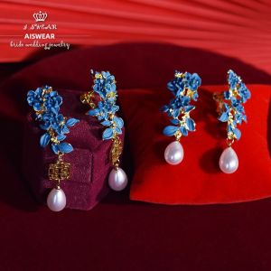 Blue Wedding Bride Love Poem Vintage Hanfu Ear Cuff No Piercing Required Chinese Style Floral Alloy Earrings Fashion Jewelry
