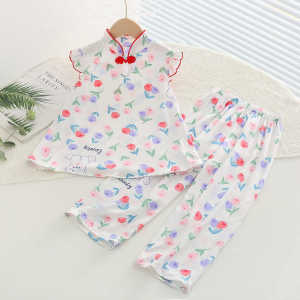 Chinese Style Cotton Silk Baby Girls Two-Piece Home Wear Thin Summer Floral Print Artificial Cotton Childrens Clothing Set