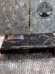 Bàn trà sofa bàn phòng khách bàn cafe nhập khẩu chân thép Inox chữ nhật 1m3 đá Vi thể khay vuông