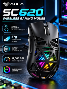 AULA | AULA SC620 Wireless Gaming Mouse 12000 DPI PAW3311 Tri Mode 2.4G Bluetooth Wired RGB 500mAh 7 Buttons