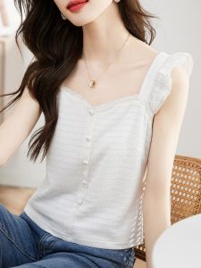 Áo Vest Dây Cổ Vuông Không Tay Ren Kiểu Pháp Cho Nữ Mùa Hè 2023 Áo Lót Cơ Bản Áo Khoác Ngoài Áo Lót Cổ Chữ V Áo Lót Không Tay