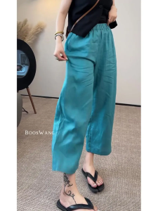 Blue Cotton Linen Womens Summer Thin Straight Leg Nine Point Casual Wide Leg Pants High Waist Elastic Waist Pocket Detail