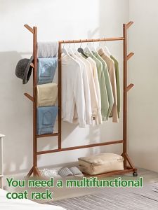 Bamboo Coat Rack 50/70CM Clothes Drying Rack Double-layer Clothes Storage Shelves Multifunctional Organizer Hanger Penyangkut Baju 衣帽架
