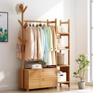 Wardrobe Cabinet for Clothes Wooden Bamboo Clothes Rack Clothes Organizer Coat Rack with Drawer Rack Stand