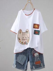 plus Size Womens Cotton T-Shirt Summer New Style Korean Style Loose Fit Short Sleeve Conceal Meat Top Trendy Womens Wear