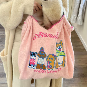 Japanese Tote Bag Cartoon Embroidery Teddy Velvet Fall and EWinter Plush Large Capacity Women Fur Handbag Soulder Crossbody