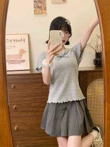 Áo Thun Nữ Tay Ngắn Ôm Vừa Vặn Pure Color Butterfly Knot Wood Ear Short Sleeve T-Shirt Commute Style Summer Cotton Spandex