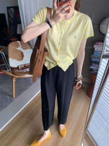 French Style Gentle Yellow round Neck Embroidered Short Sleeve T-Shirt Women Summer Thin Ice Silk Knitted Top Waist Cinched Short Length Top