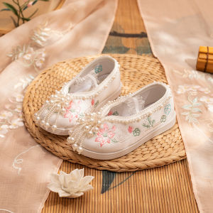 Han Dynasty Girls Shoes Spring & Fall Chinese Ancient Style Cute Embroider Flower Beaded Performance Soft Bottom Handmade Childrens Embroidery