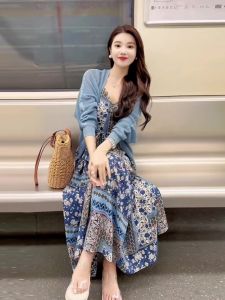 TIANANQI | Đầm Len Xanh Phong Cách Pháp cho Người Thấp