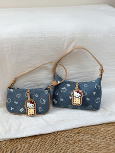 Katie Cat Denim Underarm Bag Hello KT Crossbody Birthday Gift Womens Mahjong Bag Casual Moon Shape Shoulder Bag for Ladies