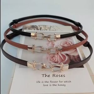 Ikat Pinggang Wanita Belt Korea Fashion Kulit PU Gasper Mutiara Dekorasi Polos Slim Golden Buckle