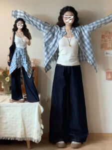 เสื้อเชิ้ตสีน้ำเงินลายสก็อตแขนยาวสไตล์ฝรั่งเศสสำหรับผู้หญิง เสื้อเชิ้ตแขนยาวทรงหลวมๆ สไตล์หวานๆ สำหรับฤดูใบไม้ผลิและฤดูร้อน