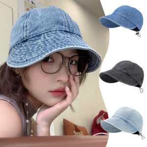 Summer Drawstring Denim Fisherman Hat Wide Brim Foldable Sunshade Visors for Women Outdoor Sports Fashion Vintage Cap