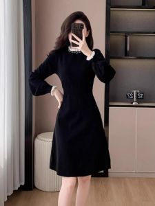 French Style Knitted Dress Womens Midi Black Dress Hepburn Style Slimming Inner Wear Comfortable High Waist A-Line Skirt