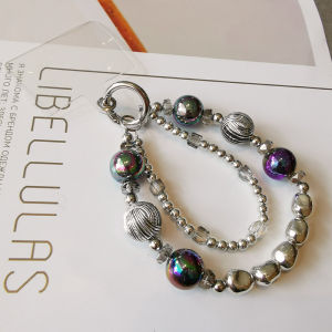 Zengre Vintage Silver Beaded Mobile Phone Chain Handmade Fashionable Womens Phone Strap Handheld Colorful Electroplated round Bead Pendant Shell Decorative Loss Prevention
