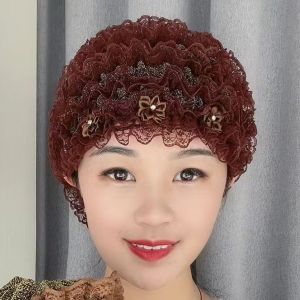 หมวกคลุมผมสีขาวของผู้หญิงกันฝุ่นและบังแดดสไตล์ดอกไม้ลูกไม้