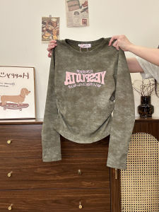 Retro Style Womens Long Sleeve T-Shirt Dyed Knot Waist Inward Match Creamy Universe Embroidered Letter Short Early Autumn Top