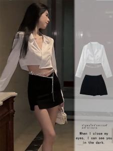 Pure Desire White Diamond Chain Belt High Waist Short Shirt Womens Autumn Winter Fashion Sensual Top Korean Style V-neck