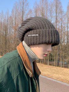 Large Head Circumference Knitted Woolen Cap Mens Winter Deep Grey Knit Hat Trendy Cotton Cap Youth Casual Style No Brim Hat