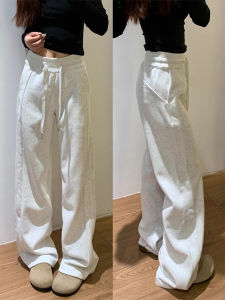 Gray Fleece Lined Thickened Sporty Wide Leg Pants Womens High Waist Straight Cut Autumn Winter Casual Trousers Korean Style