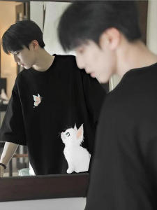 Loose Cotton Short Sleeve T-Shirt for Men Breathable Comfortable Fashionable Youthful Printed round Neck Regular Fit Summer Top