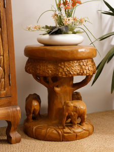 Carved Wooden Shoe Bench Animal Artistic Low round Home Decorative Wood Stool Art Style Wooden Furniture Adult Footstool