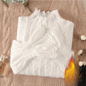 chaqi | Fleece Lined Long Sleeve Half High Collar Autumn Winter New Style Base Shirt Slim Fit Fashionable Inner Wear Warm Top Lace Design