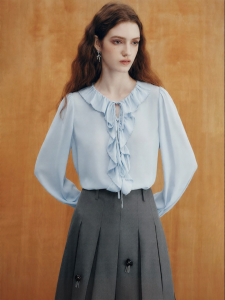 FAMANXUAN | Vintage French Blue Ruffled Bell Sleeve Chiffon Blouse New Autumn 2026 Stylish Round Neck