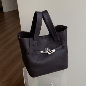 Top Layer Cowhide Bucket Handbag Commuter Soft Leather Single Shoulder Crossbody Bag Large Capacity Casual Tote Bag