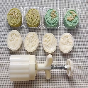 HJKL แม่พิมพ์ขนมไหว้พระจันทร์ มือกด สไตล์จีนจีน รูปแบบ Maamoul ขนาด 50 กรัม สีขาวขาว