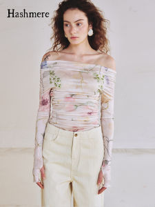 Hashmere Romantic French Style Spring Printed off Shoulder Elastic Skin-friendly Soft Folded Edge One-Shoulder Base Top T-shirt