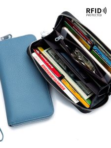 กระเป๋าสตางค์หนังแท้ RFID ทรงยาว กระเป๋าใส่โทรศัพท์มือถือสำหรับผู้หญิง กระเป๋าสตางค์หนังแท้ชั้นบน กระเป๋าสตางค์แบบเรียบง่าย