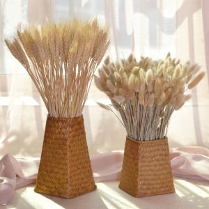 กระถางดอกไม้สานหญ้าทะเลแฮนด์เมดสไตล์นอร์ดิกตะกร้าไม้ไผ่ดอกไม้แห้งตกแต่งเถาวัลย์ การทอ ช่อดอกไม้ธัญพืช