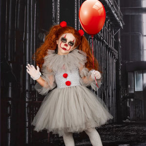 New Halloween Pennywise Clown Girl dress Costume Gray Scary Joker Cosplay Tulle Clothes Outfit Fancy Tutu Dress Carnival Masquerade Kids Party Costume with gloves hairpin