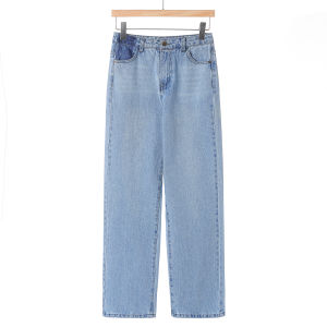 Cotton Straight Leg Jeans High Waist Slim Fit Casual Style Womens Spring Autumn Blue Denim No Stretch Elasticity