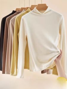 Miiow | Womens Half-High Collar Long Sleeve Base Shirt MiiOW Cat Person Style Casual Pure Color Slim Fit Inner Wear Autumn Winter White Wool