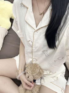 Dễ Thương Áo Thun Ngắn Tay Hình Thỏ Nhỏ Đồ Ngủ Nữ Mùa Hè 2024 Mới Đơn Giản Mở Áo Khoác Cardigan Rộng Rãi Quần Short Quần Đùi Bộ Quần Áo Gia Đình