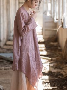 เสื้อคลุมโยคะผ้าลินิน ทรงยาวปานกลาง ป้องกันแสงแดด ชุดชาจีน ชั้นนอกโปร่งบาง เสื้อคลุมโยคะแบบสวมหัว ระบายอากาศได้ดี สำหรับผู้หญิง